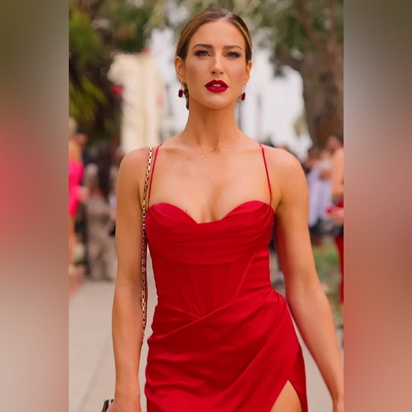 Red Corset Cowl Satin Gown by Cinderella Divine 7483 - 2 - Picture 10 of 10